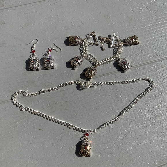Buddha necklace earrings bracelet set new silvertone goldtone red crystal - Picture 2 of 11